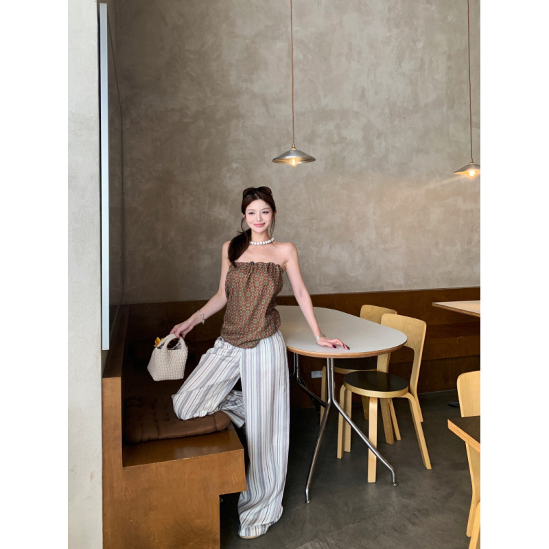 辣妹复古格子直筒半裙可多穿抹胸上衣+条纹长裤套装女|undefined