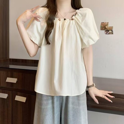 Design Sense Beaded Blue Bubble Sleeve Splicing Short Sleeve Shirt Women 2025 Summer New Arrival Korean Version Elegant & Slimming Top