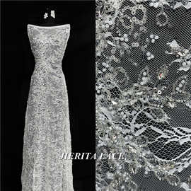 重工蕾丝底加钻布料珠管亮片刺绣连衣裙婚纱礼服面料 lace fabric