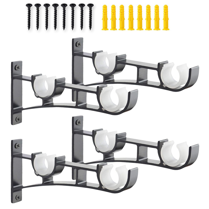Aluminum Alloy Double-Arm Curtain Rod Bracket, Wall-Mounted, Drilled Installation, Includes Screws and Accessories, Heavy-Duty, Black, Thickened, Non-Slip
