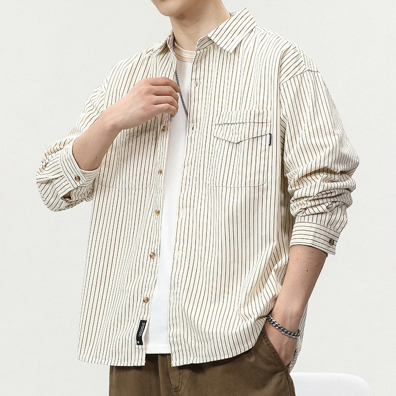 レトロなストライプのシャツの男性のコートの春と秋の新型のゆったりしたカジュアルなシャツの男性の高級感の長袖のシャツ|undefined