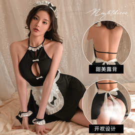 情趣内衣女黑色制服女仆诱惑性感挂脖露臀背角色扮演可爱COS2092