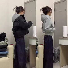 灰色正肩卫衣女羽绒服内搭外套叠穿修身连帽短款上衣秋冬季加绒厚