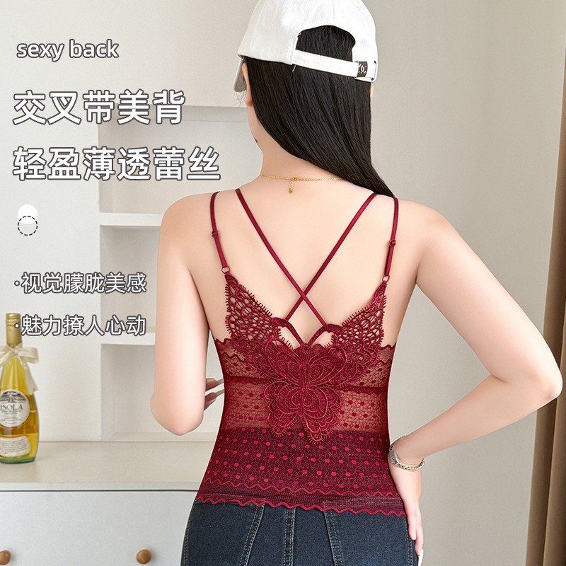 Otoño y invierno dorado de seda mariposa de encaje hermoso chaleco de espalda con cojín de pecho para mujeres una ropa interior apretada top