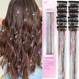 Foreign trade hot seamless hair extensions 12 pieces of laser gold shiny ribbon straight hair wig hair dye simulation hair