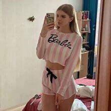 跨境爆款欧美印花条纹家居服甜美睡衣女可外穿pajamas套装两件套