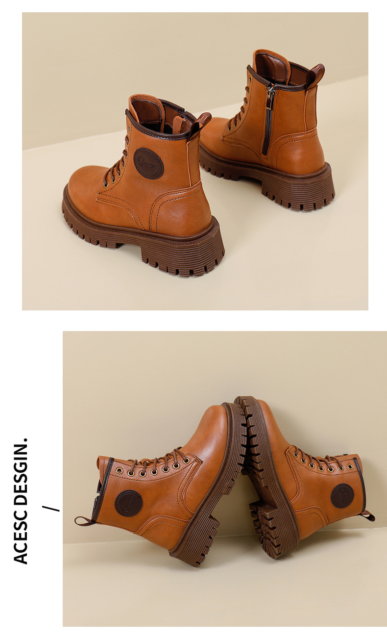 British Style Women's Leather Ankle Boots With Thick Sole_voghion.com