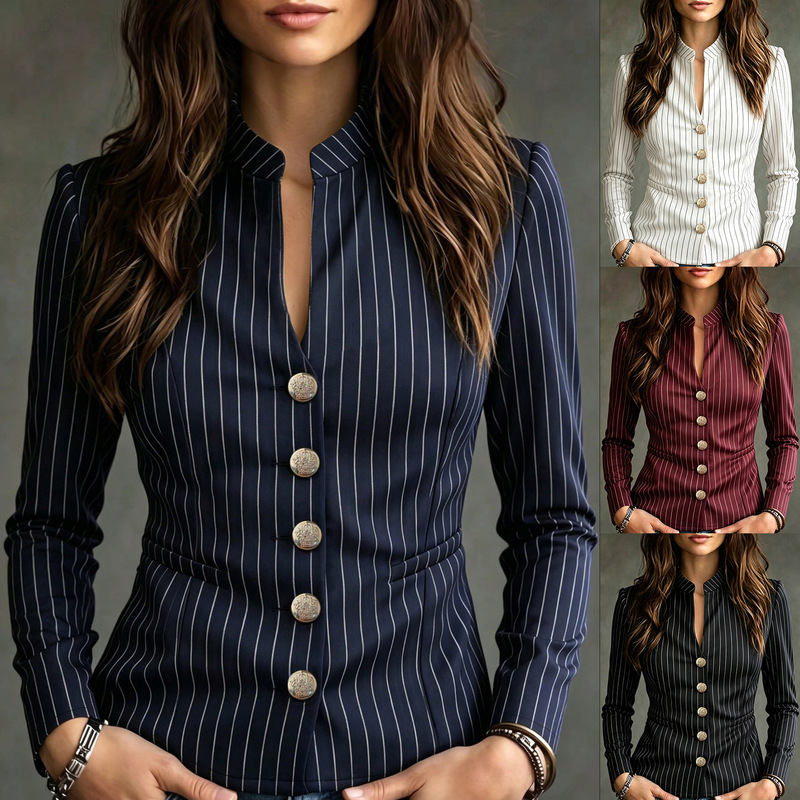 2026 Amazon Independent Station Cross-Border New Style Striped Long-Sleeve Slim-Fit Waist-Cinching Stand-Collar Elegant Women's Blazer 2026 Amazon Independent Station Cross-Border New Style Striped Long-Sleeve Slim-Fit Waist-Cinching Stand-Collar Elegant Women's Blazer