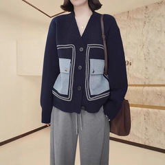 欧美时尚单排扣牛仔口袋拼接毛衣女2025秋冬新款宽松休闲针织外套