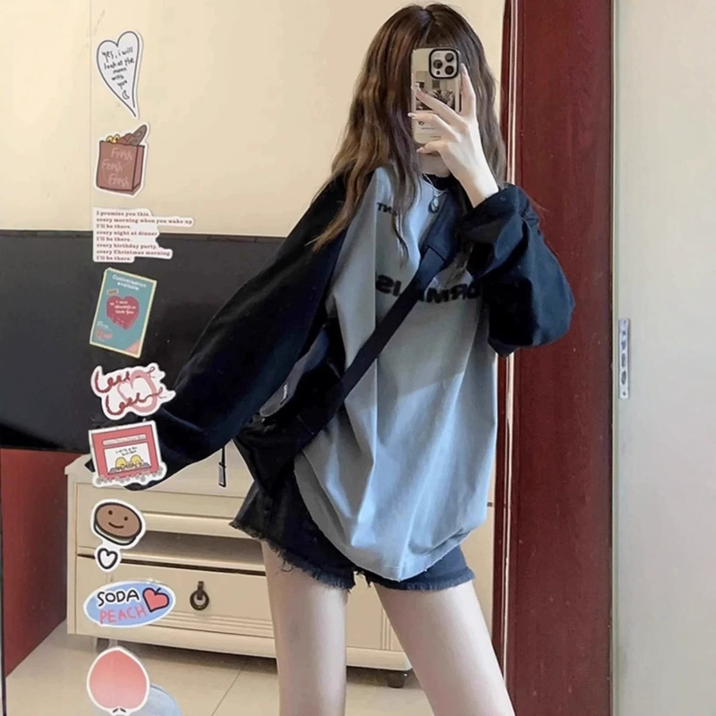 Plus-size American retro raglan sleeve pure cotton long-sleeve t-shirt for women, new autumn style, loose and casual patchwork top