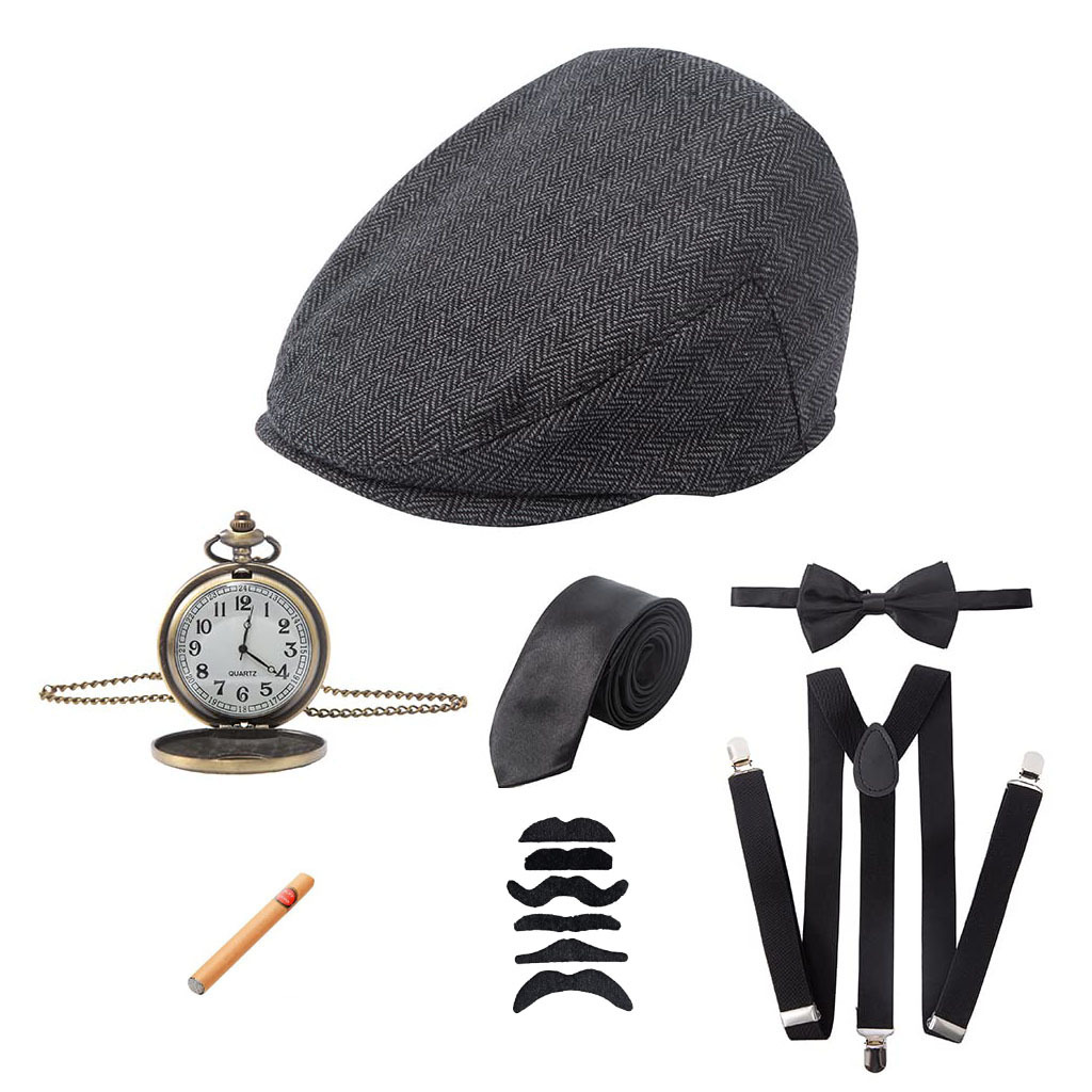 1920s Gatsby Party Men Dress Up Woolen Beret Fake Cigar Pocket Watch Strap Bow Tie Tie Set
