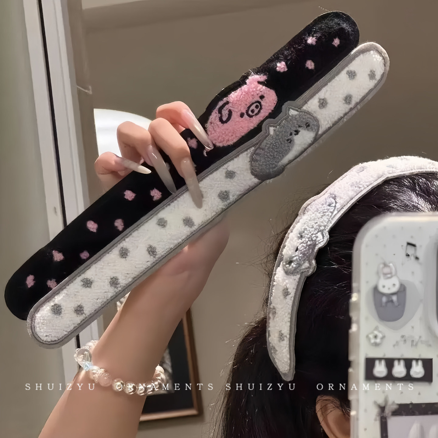 Polka dot long strip cartoon bangs sticker pink piggy gray milk bubble kitten embroidery Velcro girl's hair accessories
