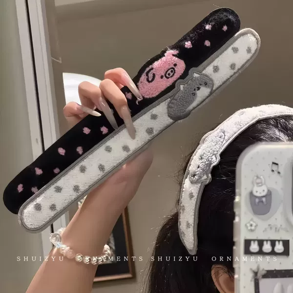 Polka dot long strip cartoon bangs sticker pink piggy gray milk bubble kitten embroidery Velcro girl's hair accessories