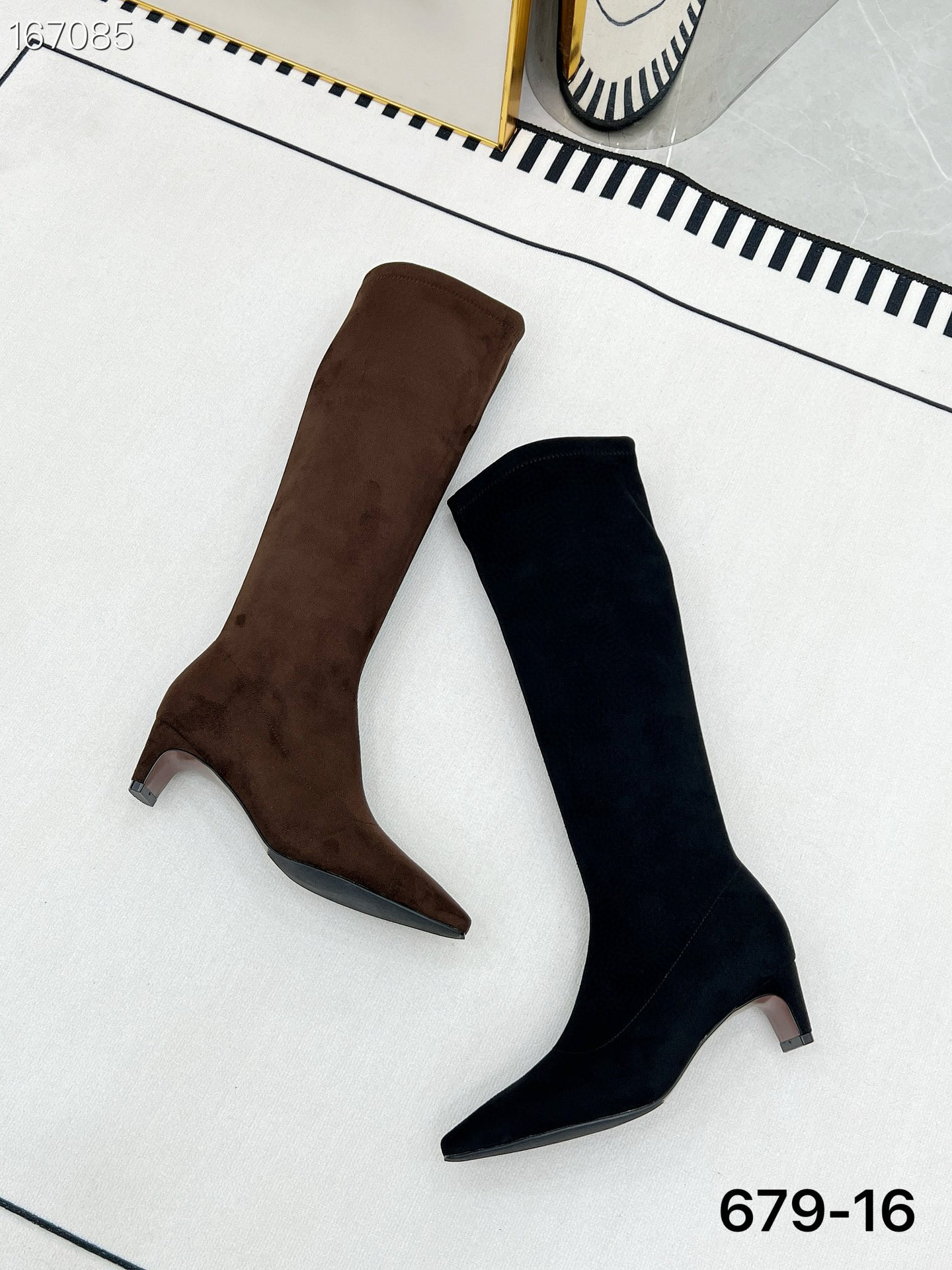 Boot nữ cổ cao ôm bắp chân da mờ mũi nhọn gót nhọn cao 2025 — Màu đen, Màu cà phê chi tiết 6