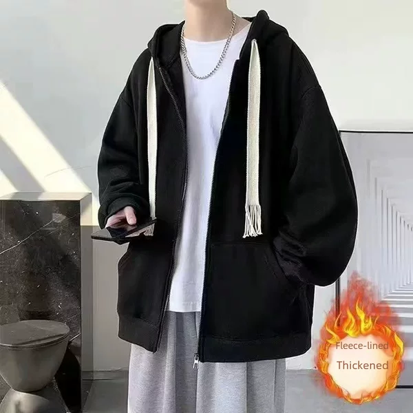 Autumn and Winter Cardigan Sweater Men's Hooded and Velvet Thickened Work Wear Fashion Brand All-match Clothes Japanese High Street American Jacket