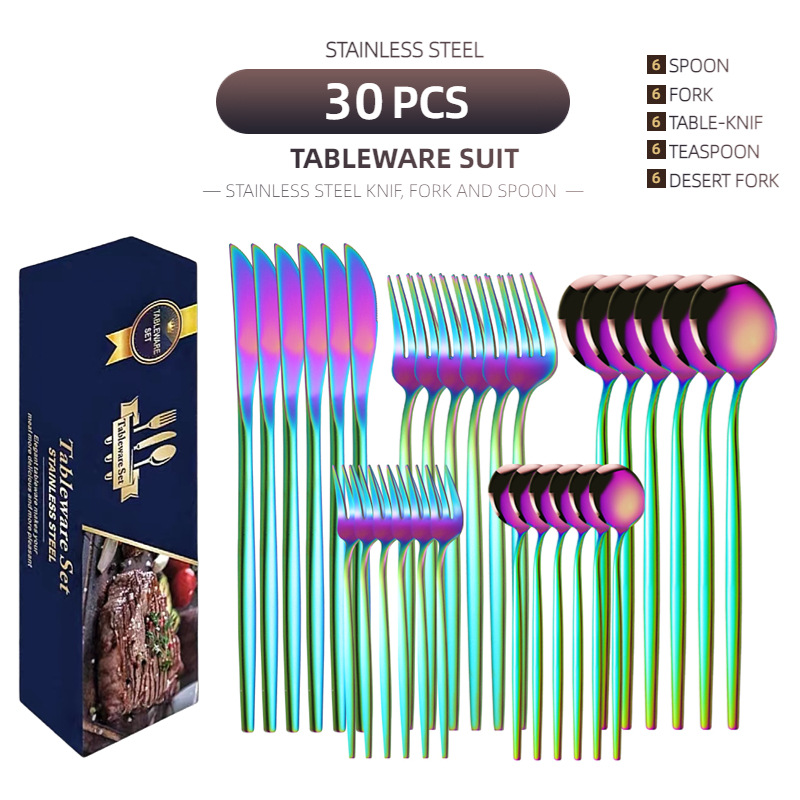 Suministro transfronterizo cuchillo de acero inoxidable y tenedor conjunto de 30 piezas traje de vajilla portuguesa Oro creativo cuchillo de carne occidental, tenedor y cuchara