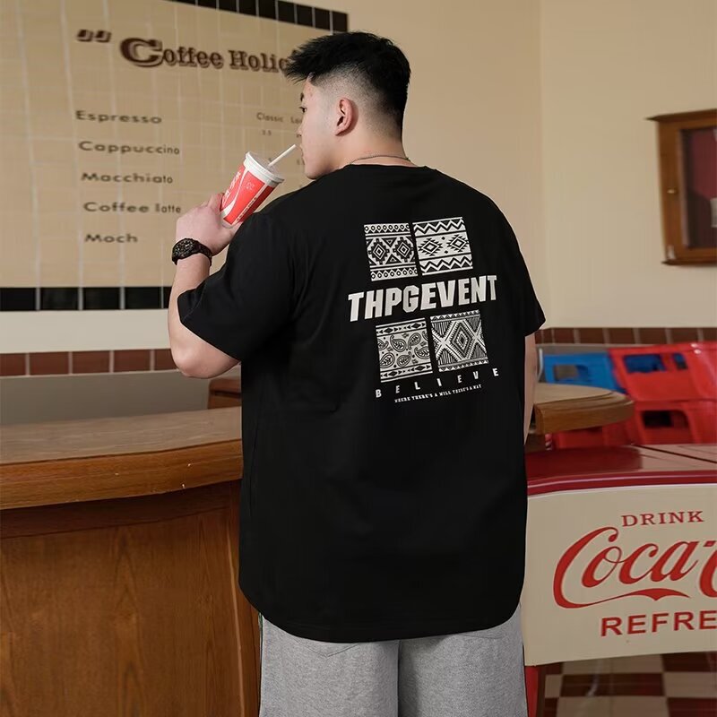 Summer plus size Men's Ethnic Style Printed Short-Sleeved T-Shirt for Fat Guy Plus Size Loose Men's Cotton Top Trendy