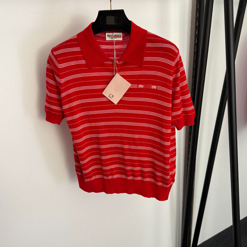 Nanyou High-End Foreign Trade Sweet Style New Logo Letter Polo Collar Striped Short-Sleeve Wool Knit Top