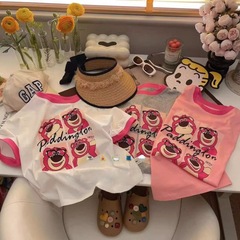 Girls' Pure Cotton Summer T-Shirt New Style for Middle and Small Children Baby Summer Outfit Splicing Round Neck Korean Version Cute Printed Top Cotton