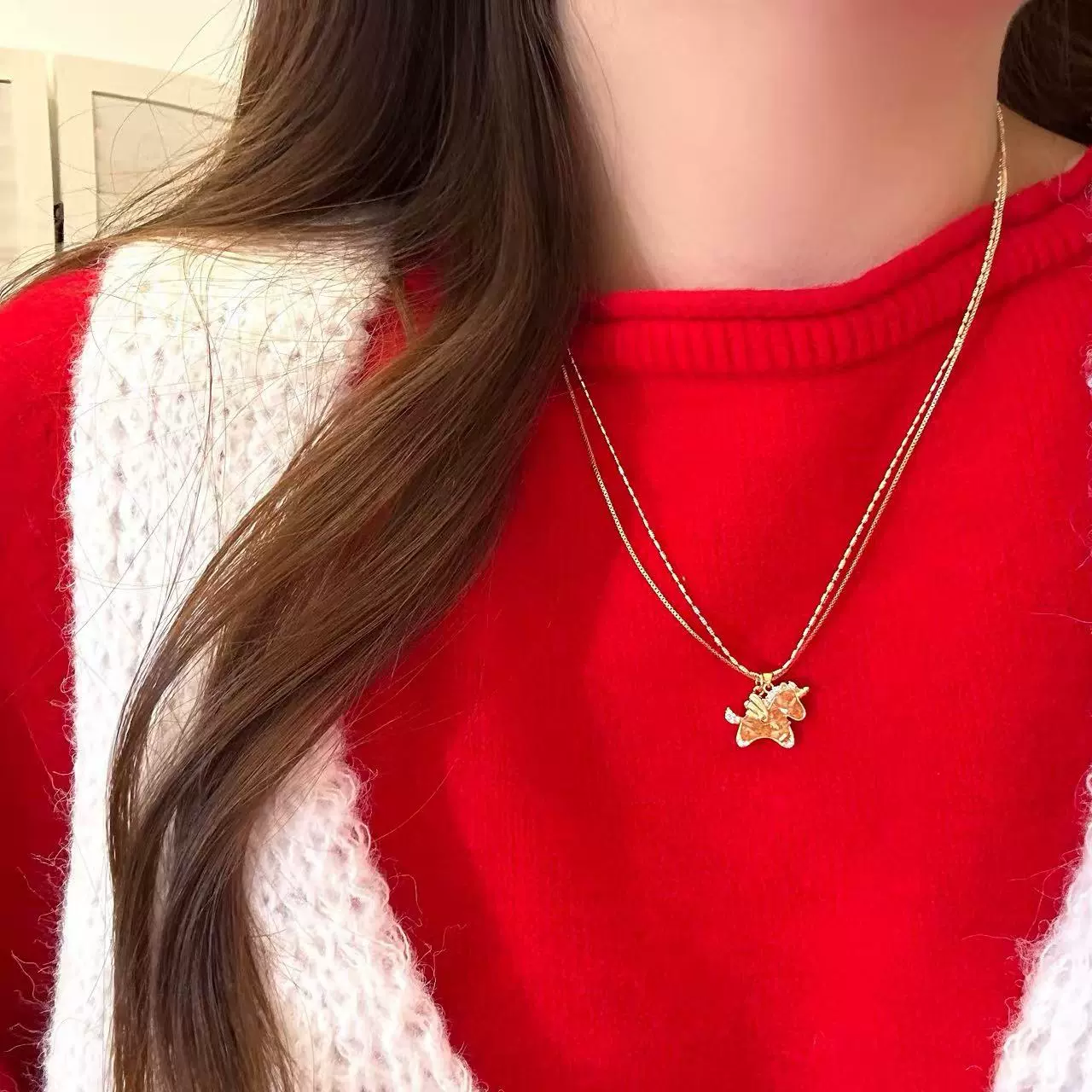 铜镀真金锆石小马吊坠项链女轻奢高级感秋冬毛衣链小众设计感配饰