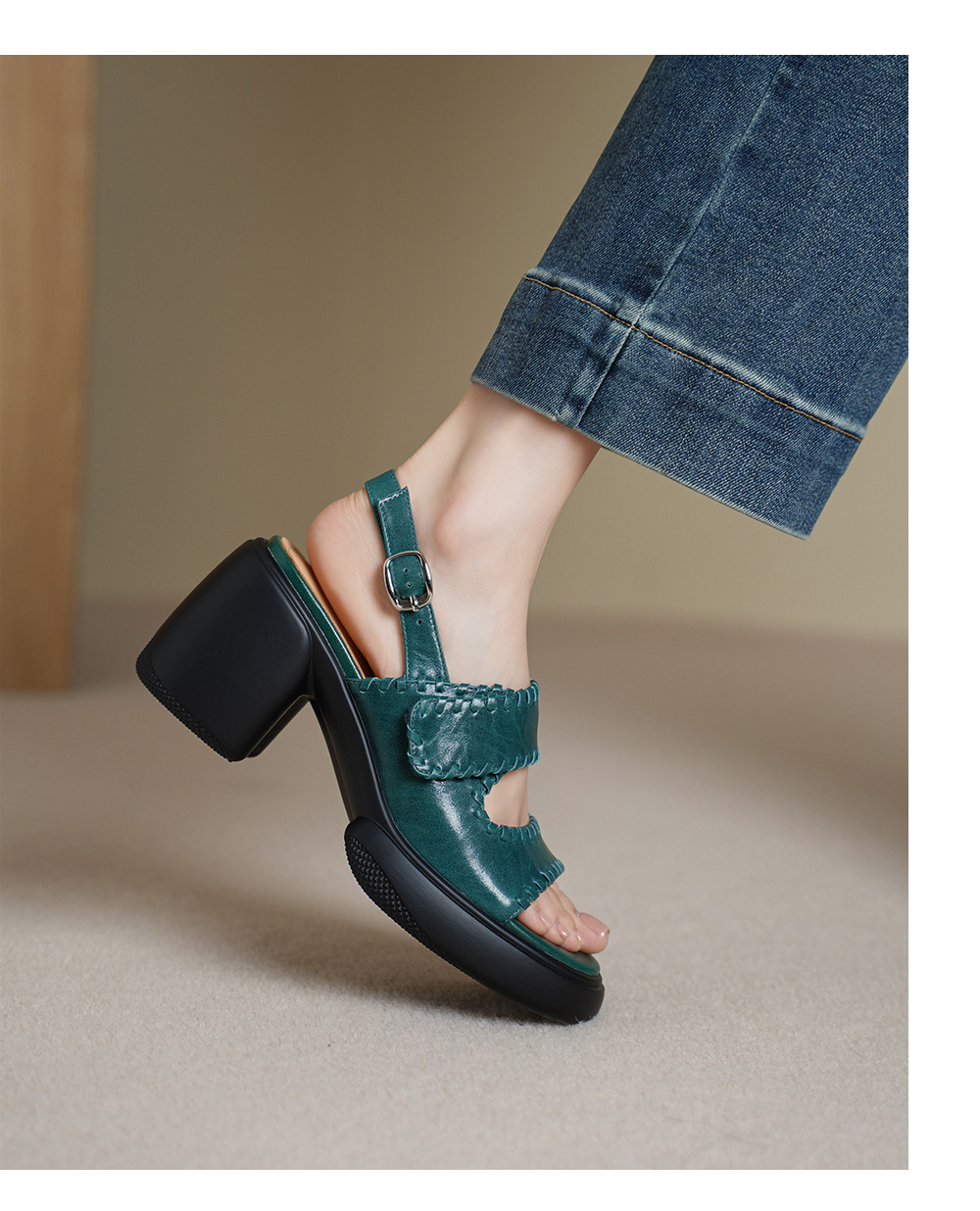Sandal cao gót nữ hở mũi da bò gót vuông 8 cm đế dày — đen chi tiết 9