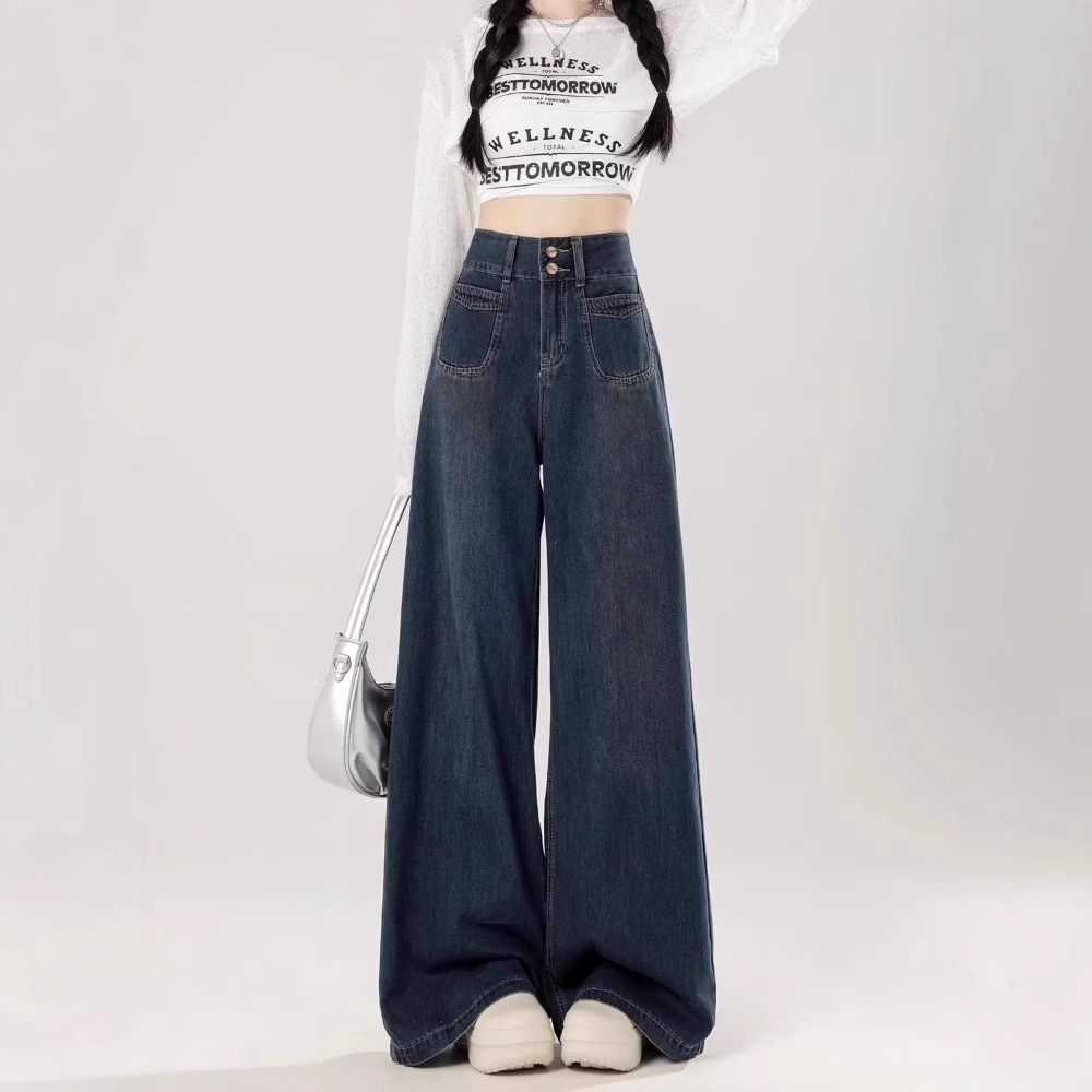 Plus-Size Relaxed Fit Jeans For Women – High-Waisted Wide-Leg Denim Pants With Flannel Lining (Dark Blue, S-2xl)_voghion.com