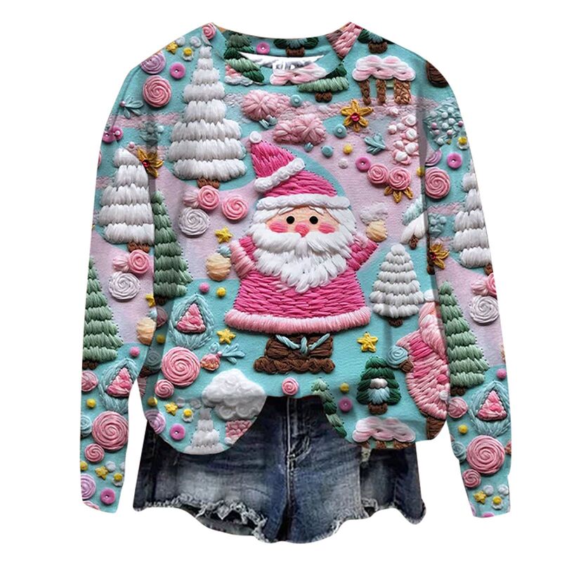 2025 Spring and Autumn Cross-Border New Sweatshirt 3D Digital Printing Women's Christmas Street Trend Round Neck Sweater Top
