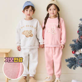 韩国童装2023冬款儿童卫衣套装可爱卡通印花一体绒运动套装两件套