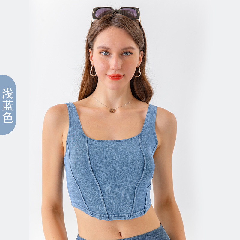 Europa y América nuevo Denim yoga deportes Chaleco de las mujeres en forma de U elástico Adelgazamiento Belleza espalda desgaste exterior de secado rápido fitness top