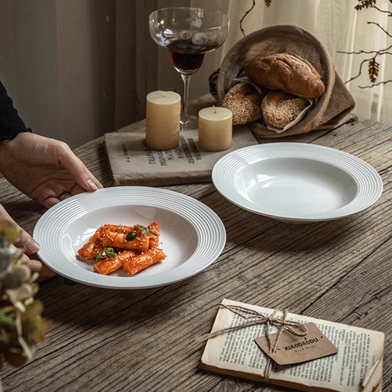Threaded Plate with High Aesthetic Appeal, Minimalist Style Tableware, Bone China Pure White Soup and Fruit Plate, Cloud Plate for Wholesale