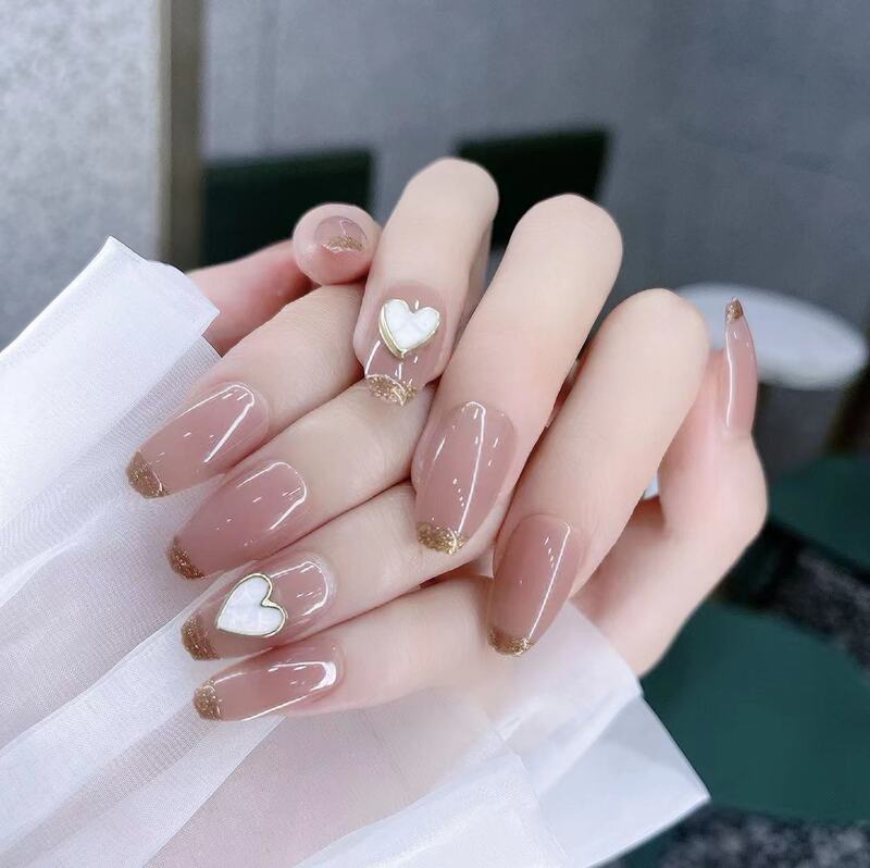 Wearable Ice-Clear Heart-Shaped Fake Nail Stickers, Wide French-Style Handmade Gel Nails, Shell Nail Art, Brightening Effect