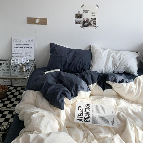 Color-blocked four-piece washed cotton summer bed three-piece dormitory bed sheet quilt cover solid color simple bed sheet quilt cover
