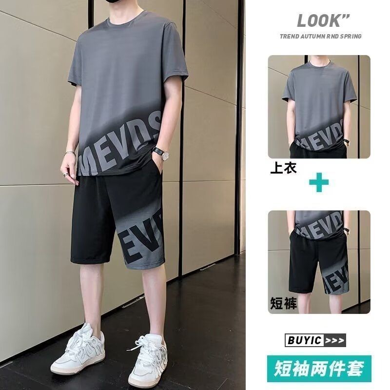 メンズ夏用アイスシルク薄手速乾服、半袖Tシャツ、ショートパンツ、カジュアルスポーツウェア、ハンサムな衣装のセット|undefined
