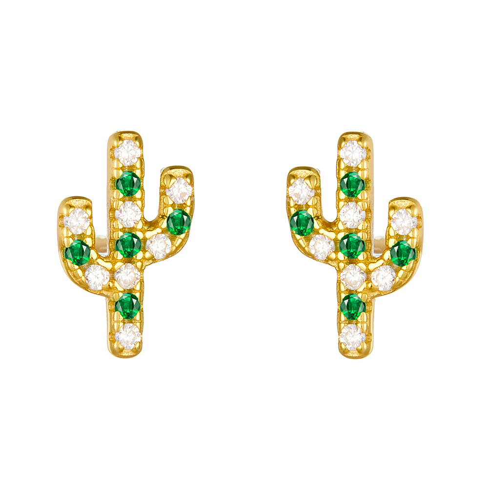 S925 cactus de plata de ley micro-incrustaciones de circón pendientes pequeñas mujeres japonesas y coreanas dulces y frescas personalidad pendientes de diamantes joyas