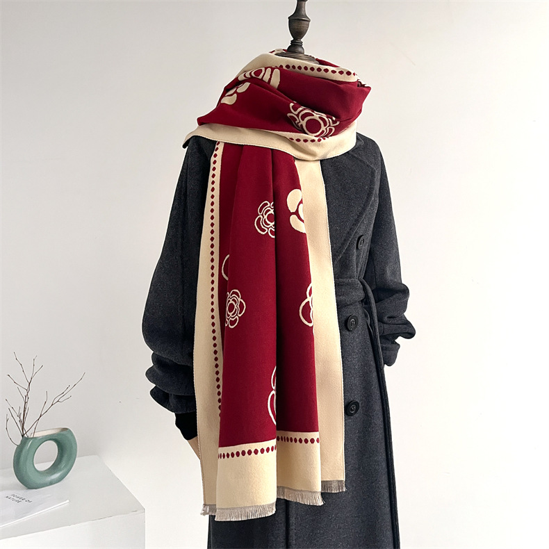 Temperament small fragrant scarf women's versatile coat decorative warm camellia scarf dual-purpose cashmere shawl thick_voghion.com
