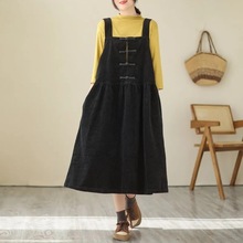 9010复古灯芯绒拼接半开扣连衣裙女夏季纯色宽松大A摆淑女背带裙