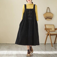9010 レトロコーデュロイステッチハーフオープンボタンドレス女性の夏無地ルーズビッグ A テーラーレディサスペンダースカート