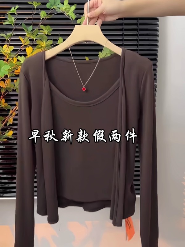 2025早秋新款时尚圆领长袖T恤女上衣显瘦百搭小衫吊带背心两件套|undefined
