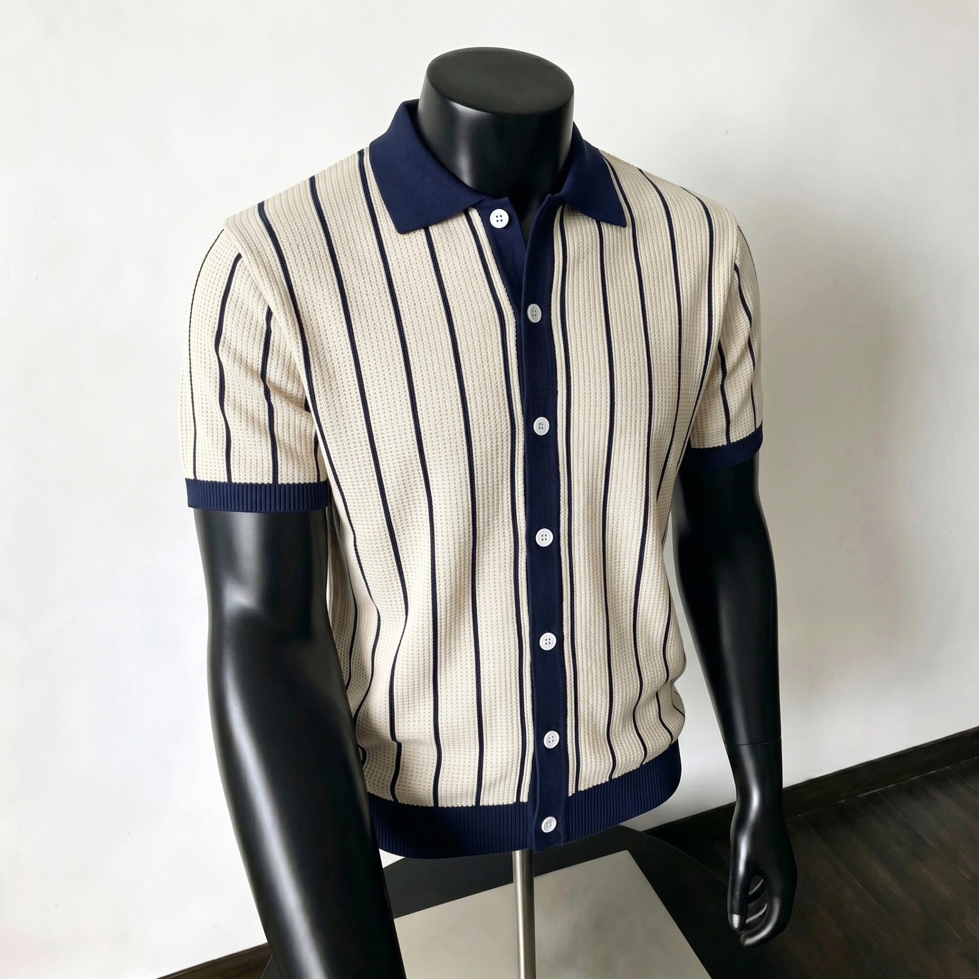 Camisas polo de cuello V camisa de punto de manga corta hombre cardigan rayas viejas líneas de hielo de viento de verano fábrica transfronteriza al por mayor