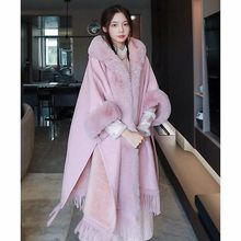 冬季针织流苏加绒披风加厚披肩秋冬连帽毛领斗篷新款外套毛呢大衣