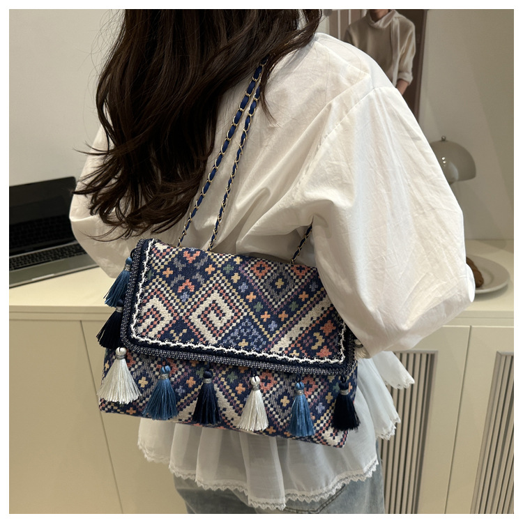 336g Weight Flip Cover Closure Type Single Shoulder Strap Strap Type Shoulder Bag Bags Type Casual, Holiday Occasion Cloth Material Geometric Pattern All Seasons Season Women's Gender Elegant, Ethnic Style Style Square Shape Women's Cloth Geometric Elegant Ethnic Style Square Flip Cover Shoulder Bag 28