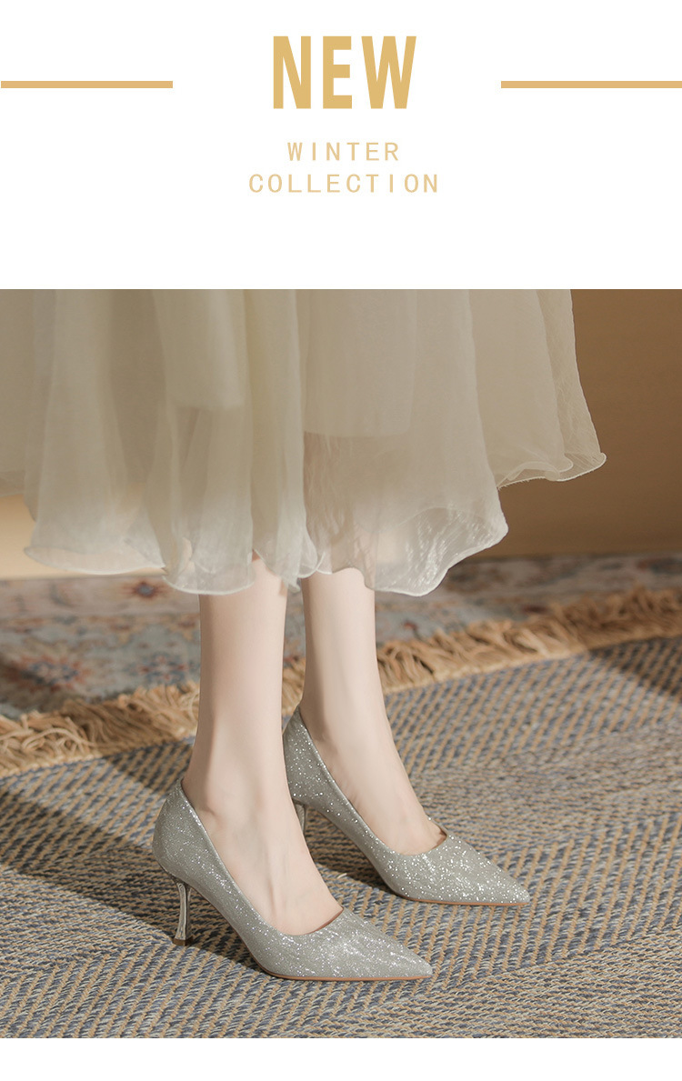 Giày cao gót mũi nhọn Jingang CG6007 gót nhọn 9 cm, đính pha lê, kiểu cô dâu mùa hè — Màu Sâm panh chi tiết 2