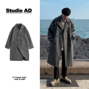 Autumn and Winter Woolen Coat Men's Mid-length Over-the-knee-suit Collar Double-breasted Woolen Windbreaker Coat Instagram Style Trendy Coat