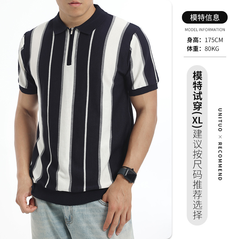 Verano Europa y América rayas verticales hielo tejedido polo camisa de hombre manga corta semia cremallera solapa contraste de color hombre de negocios