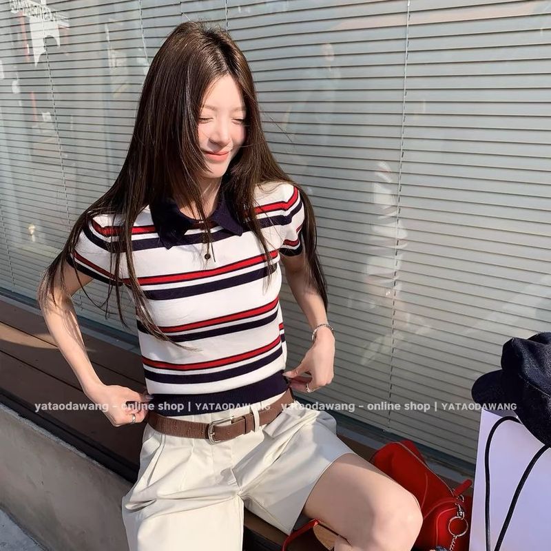 针织条纹polo衫短袖t恤女正肩翻领短款上衣修身显瘦|undefined