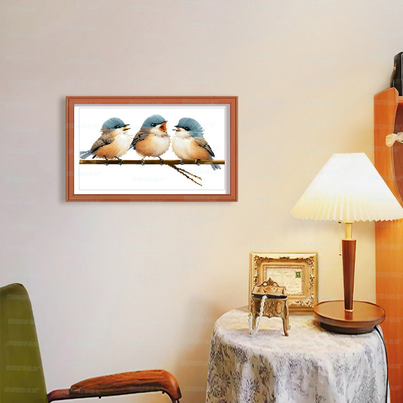 Mona Lisa Real bordado cruzado tres pájaros nuevo estilo moderno minimalista decoración de la sala de estar de animales colgando bordado de hilo hecho a mano image 3