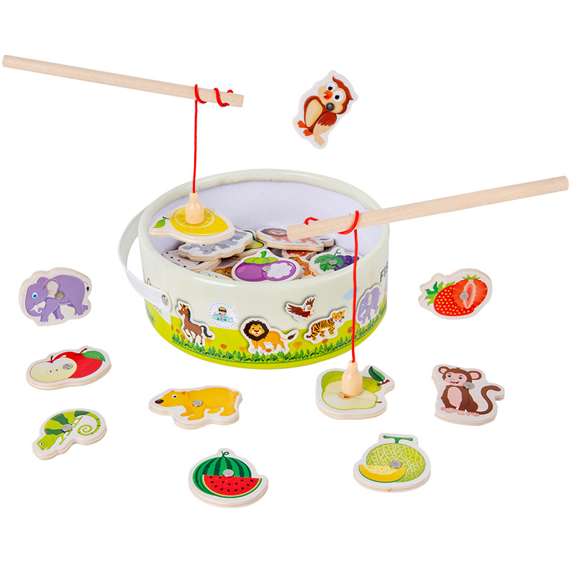 New Wooden Children's Ocean Fishing Educational Fish Hook Toy Magnetic Baby Infant Bucket Set 3-6