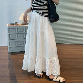 白色半身裙女2026新款秋季高腰a字长裙伞裙高腰垂坠感蕾丝蛋糕裙
