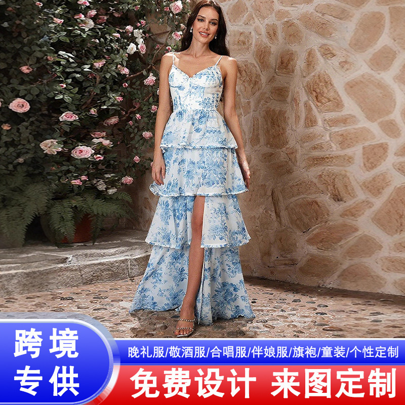European and American Blue Retro Dress Suspender Tube Top Dress Slim Slit Cake Skirt Dance Long Dress Evening Dress for Women European and American Blue Retro Dress Suspender Tube Top Dress Slim Slit Cake Skirt Dance Long Dress Evening Dress for Women