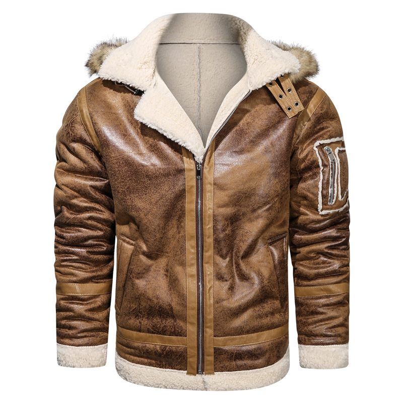 Men's Fleece Lined Leather Motorcycle Jacket With Hood Retro Style_voghion.com